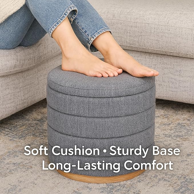 Round Ottoman with Storage โ Elegant Durable Linen Upholstered Footrest Bench for Living Room, Cylinder Vanity Stool โ Grey