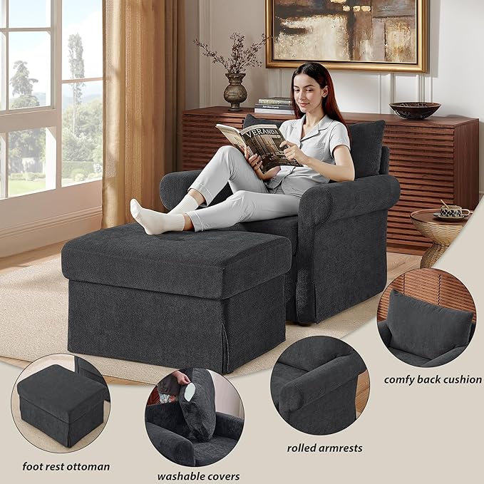Modern Living Room Chairs with Ottoman, Comfy Chenille Reading Armchair with Rolled Arms and Cushion Backrest, 35.8" W Oversized Chaise Lounge Chair for Bedroom, Study, Apartment, Grey