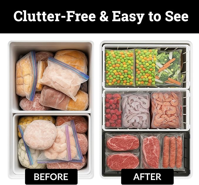 Deep Chest Freezer Organizer Bins – 4-Pack Stackable Chest Freezer Baskets with Dividers, Metal Wire Storage for Frozen Meat, Food – Fits 5–7 Cu Ft Deep Freezer, Kitchen Organization Set, Black, White