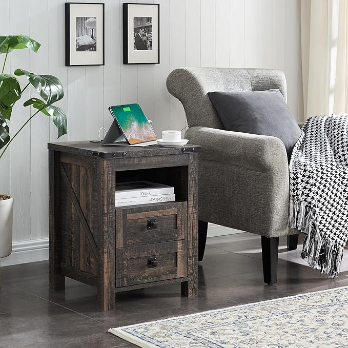 RedLemon Farmhouse Nightstand with Charging Station, Rustic 18 Inch End Table with 2 Storage Drawers and Open Shelf, Wood Sofa Side Table for Bedroom, Living Room (Dark Rustic Oak)