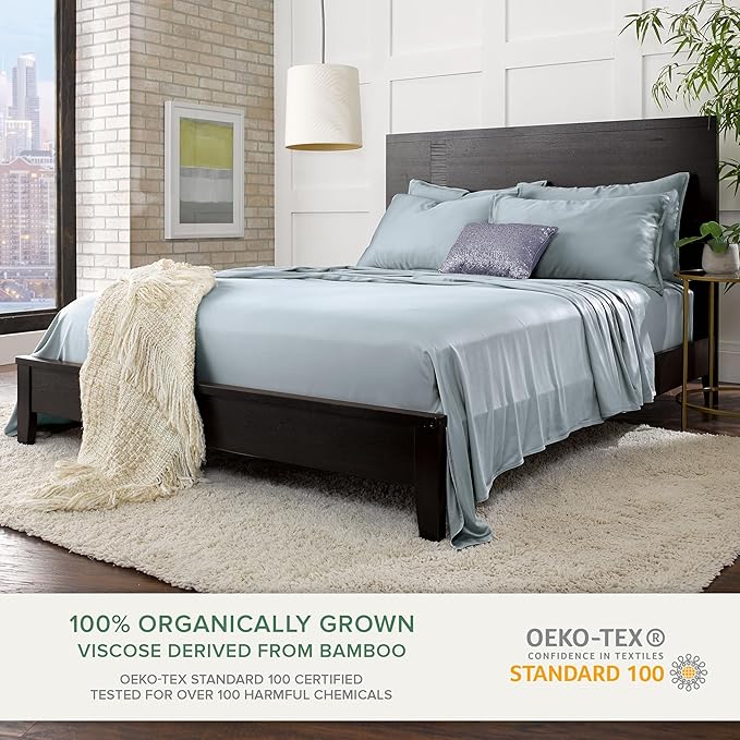 Full Sheets by Pure Bamboo, Genuine 100% Organic Viscose Derived from Bamboo Bed Sheet Set, Luxuriously Soft & Cooling, Double Stitching, Lifetime Quality Promise (Full, Sterling Blue)