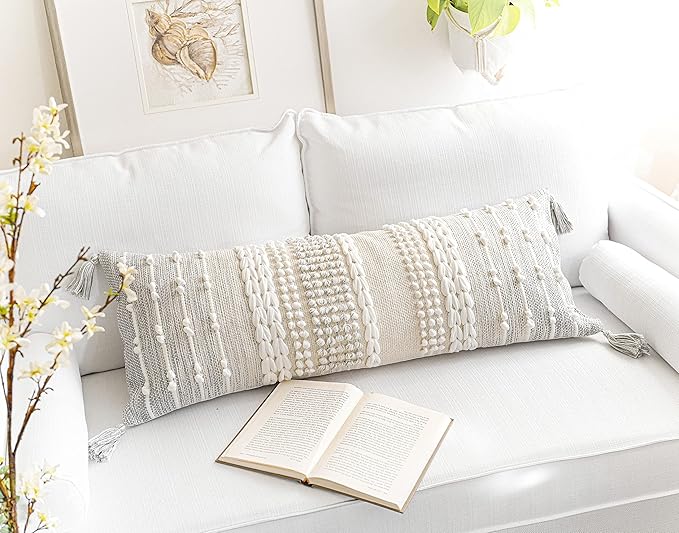 BlissBlush Gray Decorative Lumbar Pillow Cover 14x36, Boho Long Throw Pillow for Bed, Accent Lumbar Throw Pillow Case, Modern Farmhouse Textured Lumbar Cushion (Cover ONLY)