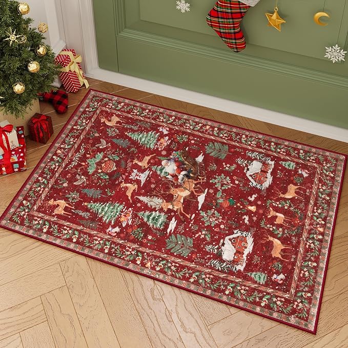 Lahome Indoor Christmas Rug 2x3 Small Kitchen Bathroom Rugs for Entryway,Washable Soft Non-Slip Christmas Tree Santa Claus Area Rug,Door Mat for Winter Living Room Bedroom Holiday Decor(2x3,Red)