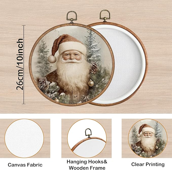 KSDUT Vintage Santa Claus Wall Decor Art - Retro Christmas Wall Art Canvas Frame Hanging Prints, Merry Christmas Xmas Holiday Round Wall Art Decor for Home Farmhouse Decorations 10"x10"