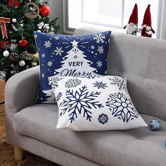 NANAN Christmas Pillow Covers 18X18 Inch Set of 4 Navy Blue Christmas Pillow Cases Snowflake Merry Christmas Holiday Pillowcases Xmas Trees Elk Deer Decorative