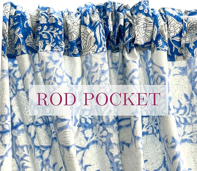 ATOSII 100% Cotton Single Panel Floral Block Print Curtain, Easy Hanging with Rod Pocket & Loop, Living Room, Dining Room, Bedroom Light Filtering Boho Curtains, Set of 1, 60" W X 96" L, Azora Blue