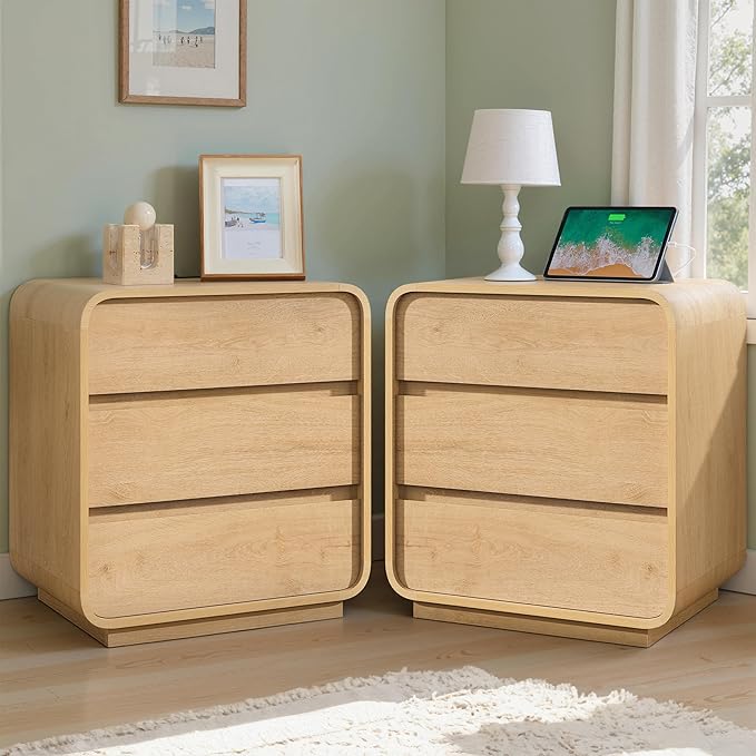 Modern Nightstand, 25" Tall Wood Bedside Table with Charging Station, 3 Drawers Dresser Side Table, Large End Table Night Stand for Bedroom, Office, Sofa, Curved Profile Design, Natural