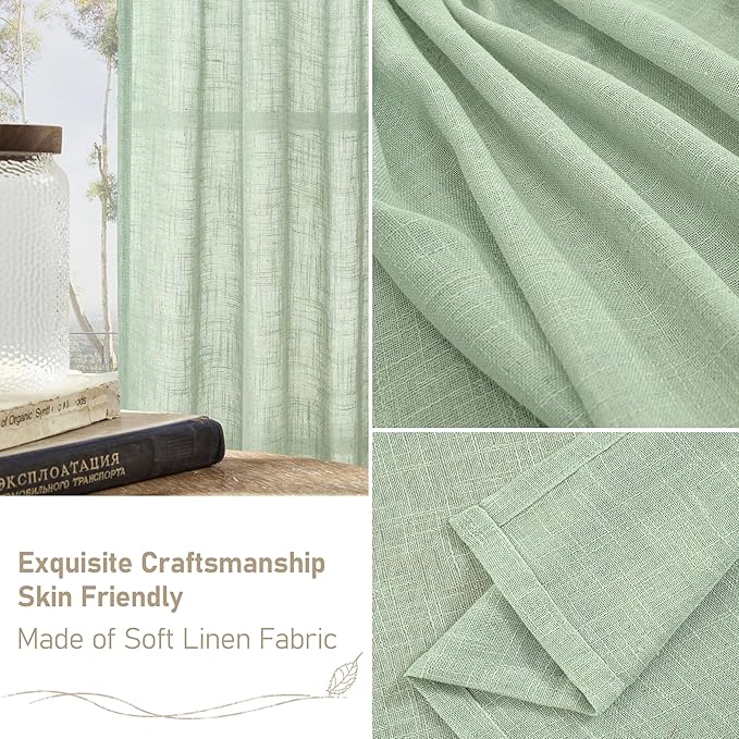 LAMIT Linen Curtains for Living Room, 84 inch Length, Light Filtering Semi Sheer Panels, Back Tab and Rod Pocket, Fresh Green, 52 x 84 Inch