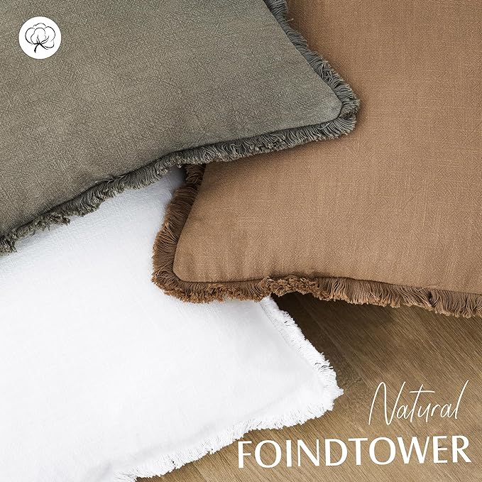 Foindtower Set of 2 Decorative Linen Fringe Throw Pillow Covers Cozy Farmhouse Boho Cushion Cover with Tassels Soft Accent Pillowcase for Couch Sofa Bed Living Room Home Decor 20×20 Inch Khaki Brown