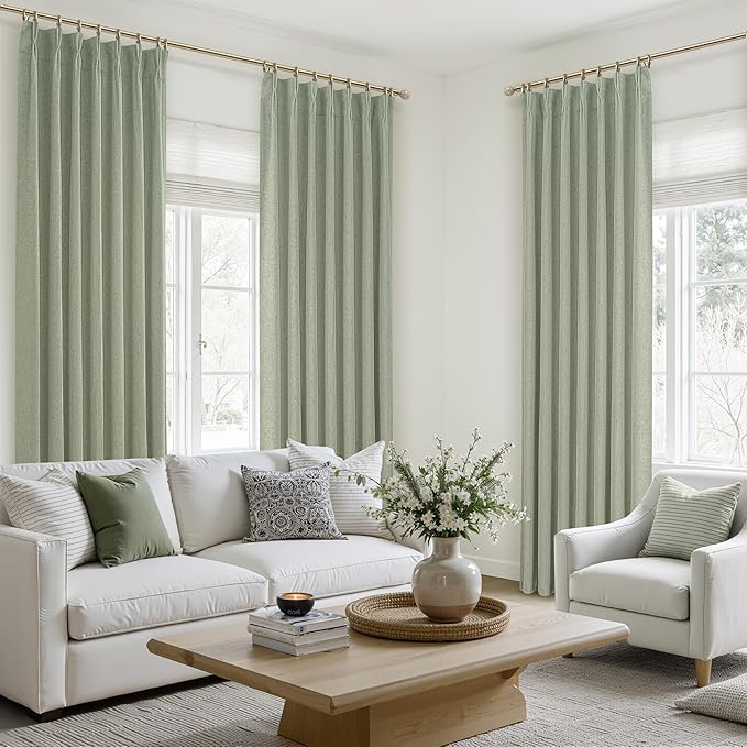 Sage Green Blackout Linen Curtains 96 Inches Long for Living Room Bedroom, Pinch Pleated Boho Light Drapes Viral Window Curtain with Pinch Pleat Clips Thermal Insulated (40"Wx96"Lx2Panels Sage)