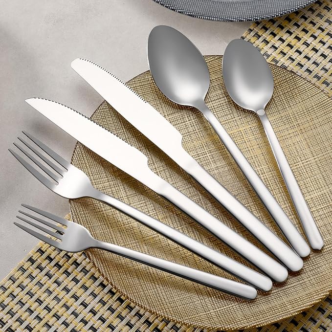 24 Pcs Silverware Set with Steak Knives, Stainless Steel Flatware Set for 4, Food-Grade Cutlery Set, Mirror Polished Tableware Eating Utensils Set for Kitchen, Knife Fork Spoon Set, Dishwasher Safe