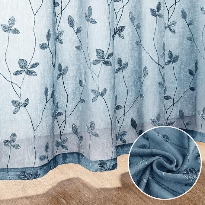 HOMEIDEAS Cyan Blue Sheer Curtains 52 X 84 Inches Length 2 Panels Embroidered Vine Floral Pattern Pocket Faux Linen Semi Sheer Voile Window Drapes for Bedroom Living Room