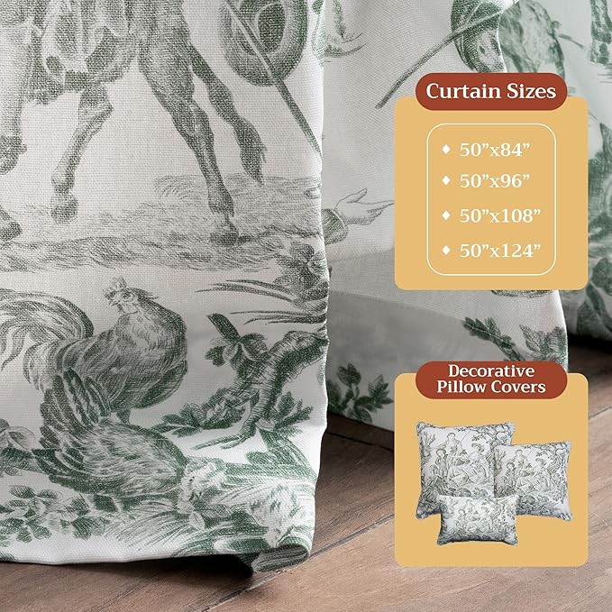 Maison d' Hermine Curtains for living room 100% Cotton 124 inch length Two Panels Light Filtering Toile Curtains with rod and loop Pockets (The Miller Antique Green (White Background), 50"W x 124"L)