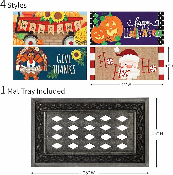 Evergreen Sassafras Fall Christmas Holiday Doormat Insert Bundle & Tray Set of 5, Interchangeable Entrance Door mats Indoor and Outdoor Welcome Mat 30 x 18 Tray Non Slip Backing Low Profile