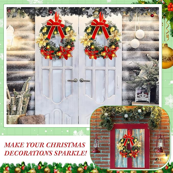 Lyrow 6 Pcs Lighted Christmas Wreath with Red Bow Ornament 13 Inch Prelit Xmas Battery Operated Christmas Wreaths for Front Door Outdoor Holiday Wall Indoor Xmas Decorations Party Decor(Classic)
