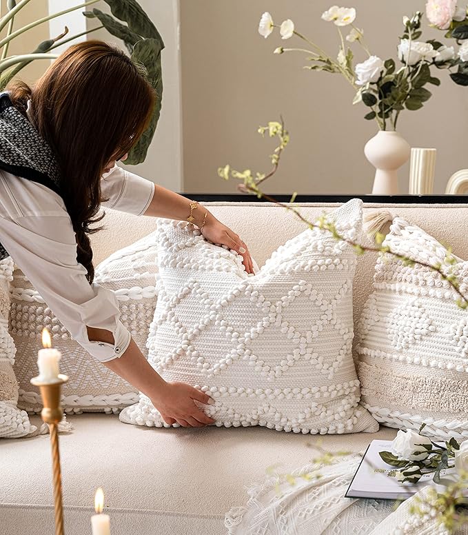 BlissBlush Pure White Decorative Throw Pillow Cover 22X22, Boho Accent Pillow for Couch, Square Modern Farmhouse Pillowcase for Living Room Couch Sofa Cushion Home Décor (Pack of 1)