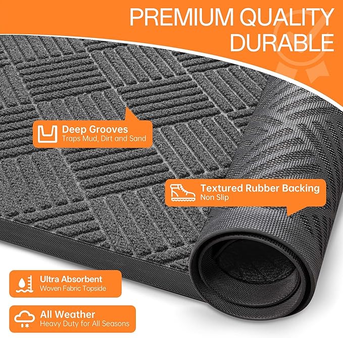 Indoor Outdoor Door Mat, 5’x 3' Doormat for Entryway, Rubber Backing Non Slip Front Door Mat Outside Entrance, Super Absorbent Commercial Floor Mat for Home Office, Gray