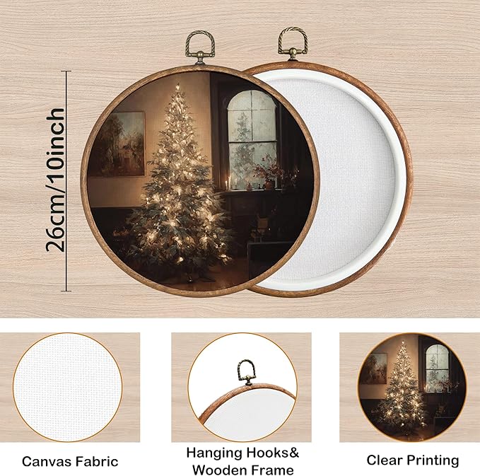 KSDUT Vintage Christmas Wall Decor Art - Retro Xmas Tree Wall Art Canvas Frame Hanging Prints, Merry Christmas Holiday Round Wall Art Decor for Home Farmhouse Decorations 10"x10"