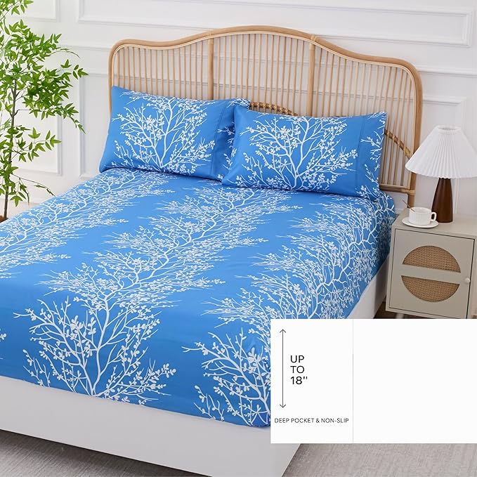 Spirit Linen home King Size Sheets Set - Pure Microfiber 4 Piece Polyester Bed Sheets, Fitted Sheet & Pillow Cases - King Sheets for All Seasons (Foliage Light Blue/White, King)