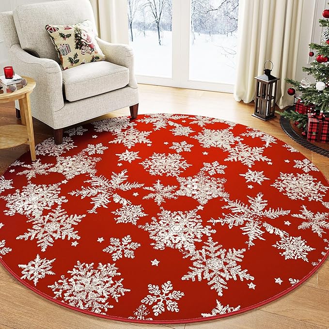 Round Area Rug 6ft Red Christmas Living Room Carpet 6 x 6 mas Large Snowflake Circle Rug Indoor Kitchen Washable Holiday Decor Bedroom Carpet for Dining Room Playroom