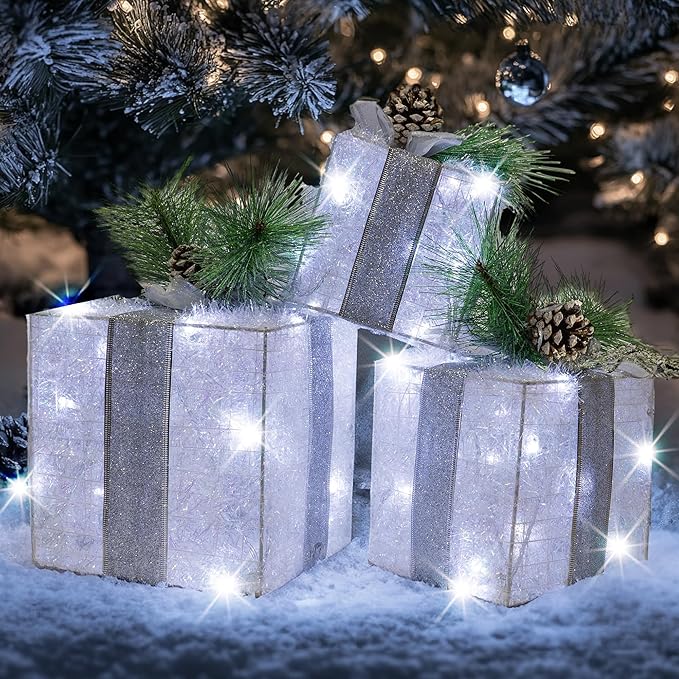 Hourleey Set of 3 Christmas Lighted Gift Boxes, Pre-lit 60 LED Light Up Present Boxes Ornament Outdoor White Tinsel Boxes Decoration for Indoor Christmas Home Yard Lawn Decor