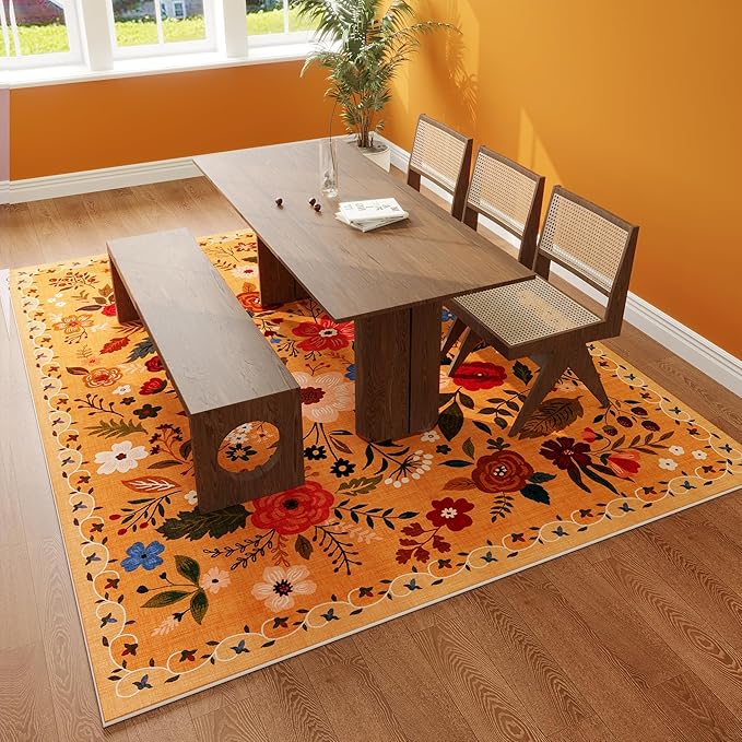 Rugcomf Area Rugs 8x10 Rug for Living Room Clearance Washable Boho Area Rug Non Slip Floral Vintage Low Pile Large Rug for Living Room, Bedroom, Farmhouse, Dining Room, Kids Playroom(Yellow)
