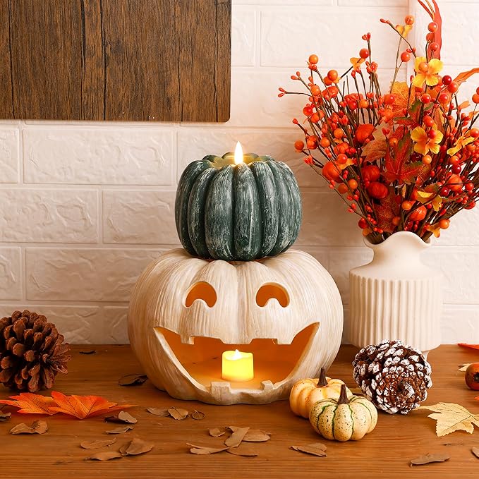 Fall Flameless Led Pumpkin Candles with Remote, Real Wax Pumpkin Shaped Battery Operated Flickering Candles with Timer for Thanksgiving Decor, Fall Home Decor, Halloween Decorations, Green