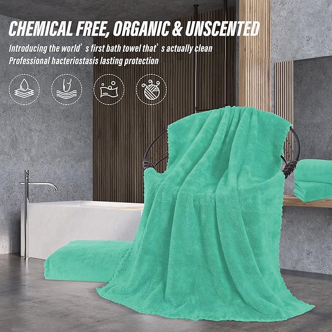 MOONQUEEN 2 Pack Premium Bath Towel Set - Quick Drying - Microfiber Coral Velvet Highly Absorbent Towels - Multipurpose Use as Bath Fitness, Bathroom, Shower, Sports, Yoga Towel (Aqua Green)