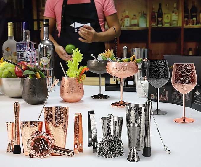 SKY FISH Bartender Kit Cocktail Shaker Set-7 Pieces Stainless Steel Black Plated Etching Bar Tools with Boston Shaker Tins,Mixing Spoon,Mojito Muddler,Japanese Double Jigger,Hawthorne Strainer
