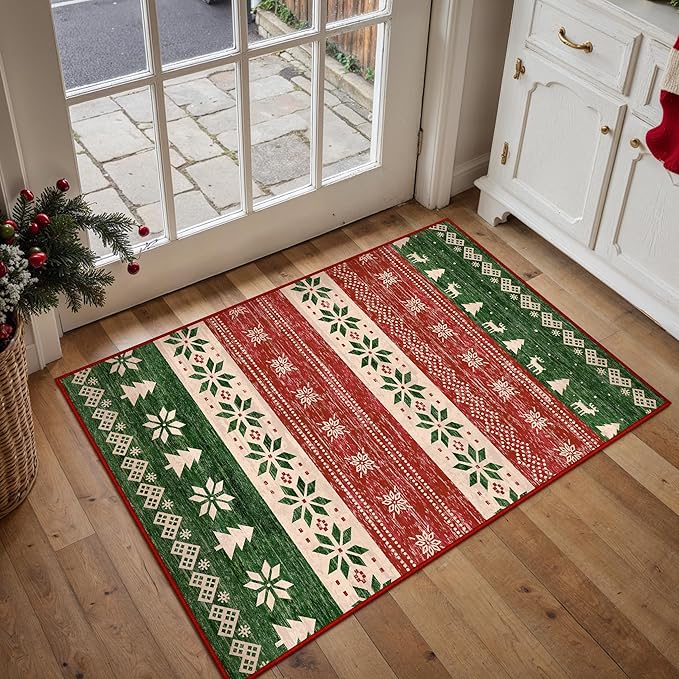 Christmas Red Area Rug 2x3 Washable Snowflake Carpet Non Slip Holiday Decorative Accent Doormat Xmas Boho for Entrance Bathroom Laundry Kitchen Dining Room