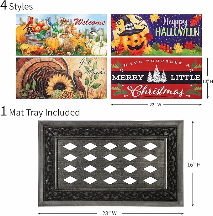 Evergreen Sassafras Fall Christmas Holiday Doormat Insert Bundle & Tray Set of 5, Interchangeable Entrance Door mats Indoor and Outdoor Welcome Mat 30 x 18 Tray Non Slip Backing Low Profile