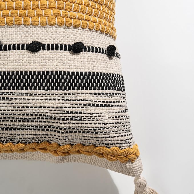 BlissBlush Fall Boho Decorative Throw Pillow Cover 22x22 Square Yellow Mustard Accent Pillowcase Tassels Farmhouse Cushion for Couch Sofa Bedroom Living Room Home Décor Cover ONLY (Pack of 1)
