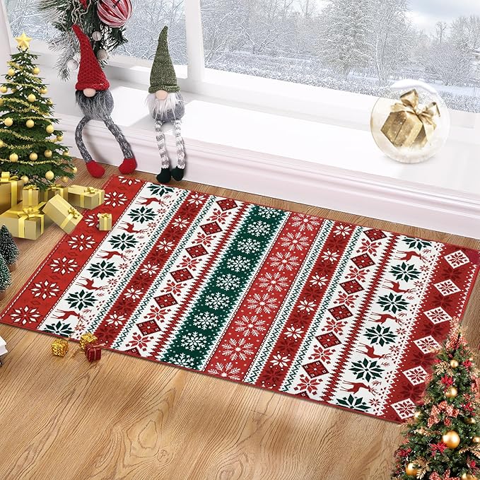 Small Entryway Area Rug 2x3 Christmas Rug Indoor Non-Slip Front Door Mat Washable Boho Rug Xmas Decorative Throw Floor Covers Farmhouse Geometric Festival Carpet for Living Room Bedroom, Red