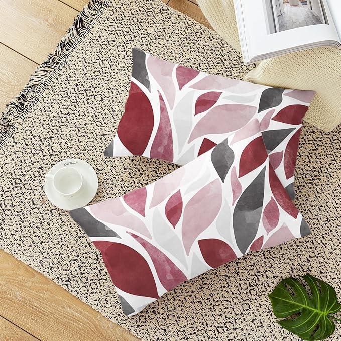 CaliTime Throw Pillow Cases Pack of 2 Cozy Fleece Falling Dahlia Floral Flowers Petals Decorative Cushion Covers for Couch Bed Sofa Farmhouse Decoration 12 X 20 Inches Burgundy Pink Grey