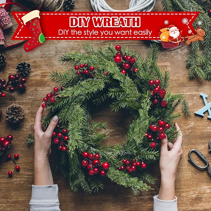 60Pcs Christmas Decorations-Artificial Pine Branches with Red Berry Stems, Christmas Decor Faux Pine Greenery Stems, Christmas Tree Decorations & Christmas Picks for Indoor Outdoor Navidad Decor
