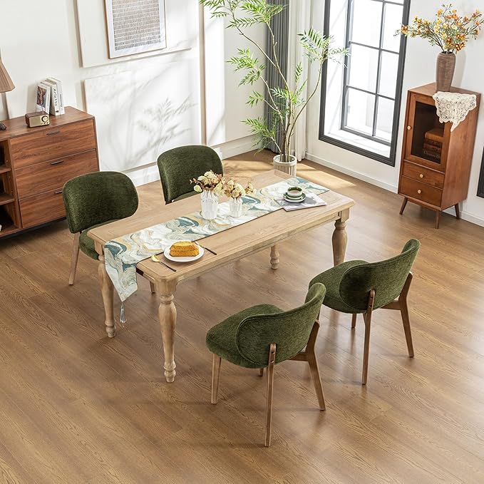 YOUNIKE Dining Chair with High Back Single Mid Century Modern Kitchen Chair Boucle Fabric Upholstered Armless Accent Chair 20" Wide Padded Seat with Wooden Legs for Living Room Bedroom Green