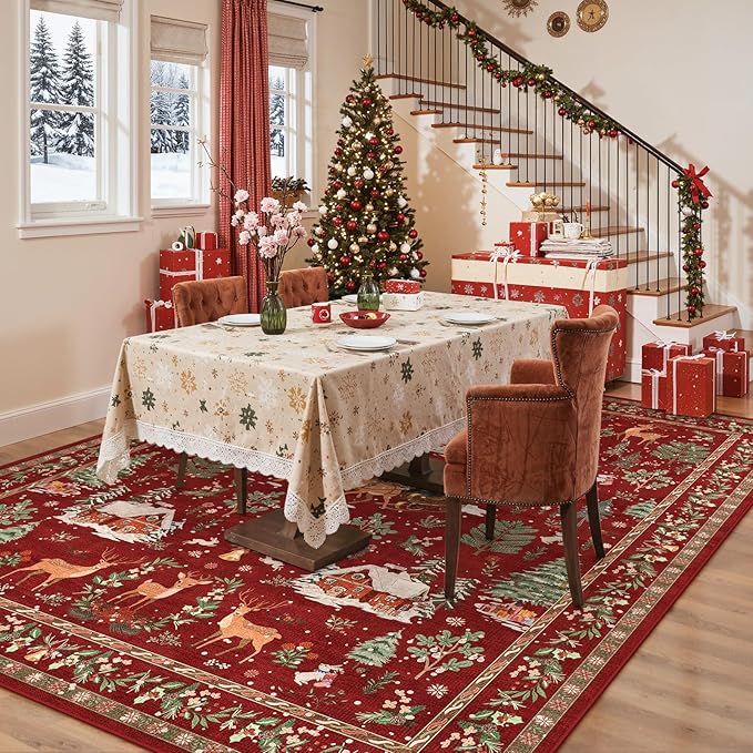 Lahome Christmas Rug for Living Room, 8x10 Soft Large Rug for Bedroom, Christmas Tree Santa Claus Non Slip Washable Red Xmas Indoor Floor Carpet for Dining Room Holiday Decor