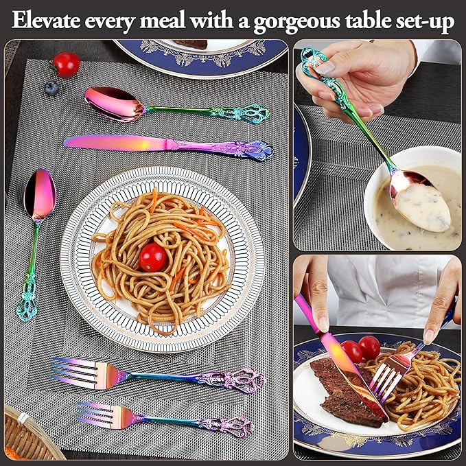 Silverware Set, 30 Pieces Retro Royal Silverware Set for 6, Anti-rust Stainless Steel Flatware Set Including Fork Spoon and Knife, Dishwasher Safe, Rainbow