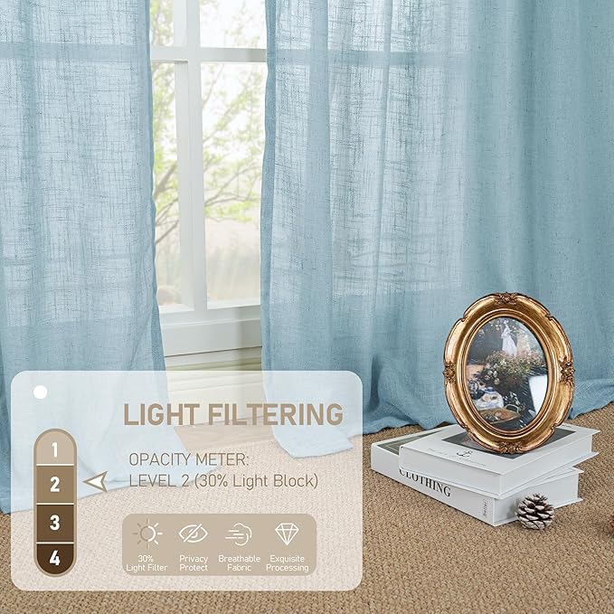 LAMIT Linen Curtains for Living Room 84 inch Length 2 Panels, Light Filtering Semi Sheer Panels Back Tab and Rod Pocket Farmhouse Drapes for Bedroom/Sliding Glass Door, Stone Blue, 52 x 84 Inch