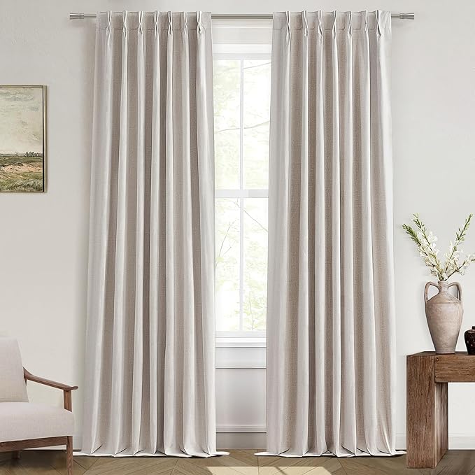 100% Blackout Thermal Curtains 84 Length 2 Panels Set for Bedroom, Linen Windows Pinch Pleated Drapes with Hooks for Track 7ft Modern Rustic Living Room Darkening Curtains 84 Inches Long Off White