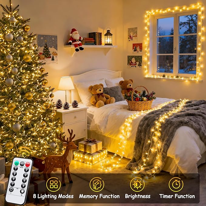 JMEXSUSS 2 Pack Battery Operated Christmas Lights with Remote, Total 66ft 200 LED Battery String Lights Outdoor Indoor, Warm White Twinkle Light for Christmas Tree Bedroom Porch Garland Yard Decor