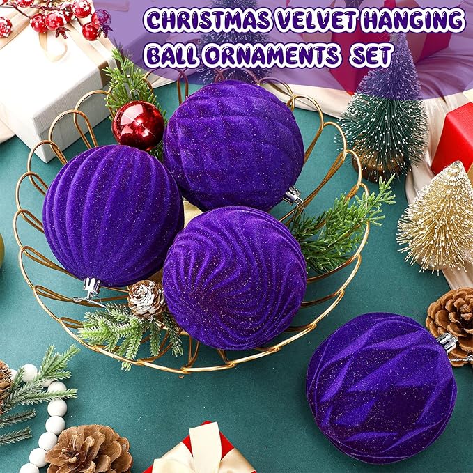 4 Pcs 4 Inch Large Velvet Christmas Ball Ornaments Vintage Christmas Plastic Ball Ornaments Flocked Tree Hanging Decoration for Xmas Party Wedding Home Decor (Purple)