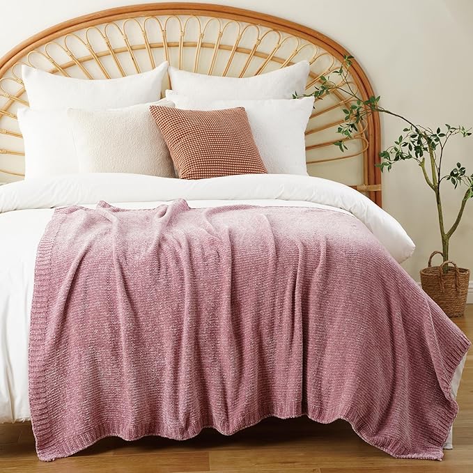 BATTILO HOME Chenille Throw Blanket for Couch, Pink Blanket Throw Chenille Knitted Blankets for Home Decor, Super Soft Blush Pink Throws for Bed Sofa Living Room, 51"x67"