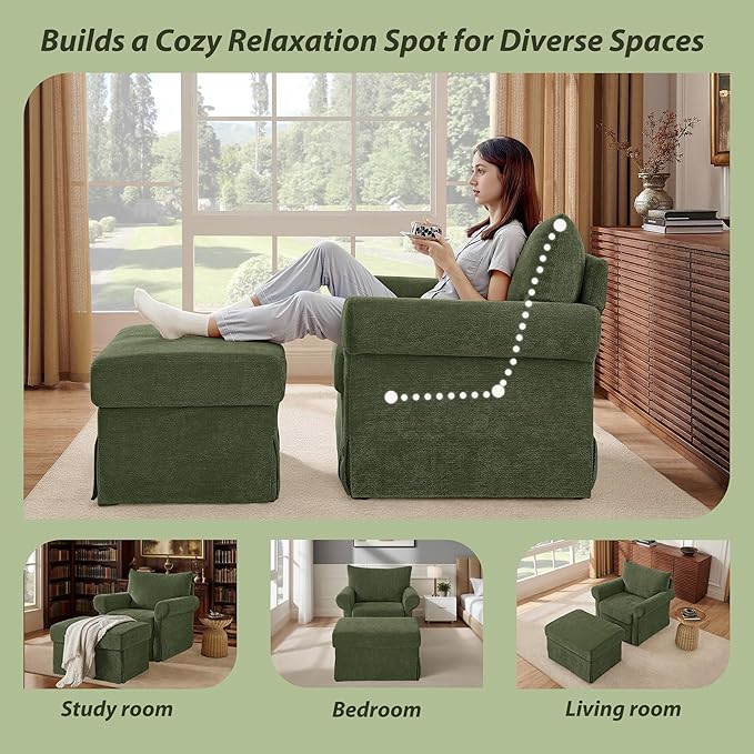 Modern Living Room Chairs with Ottoman, Comfy Chenille Reading Armchair with Rolled Arms and Cushion Backrest, 35.8" W Oversized Chaise Lounge Chair for Bedroom, Study, Apartment, Green