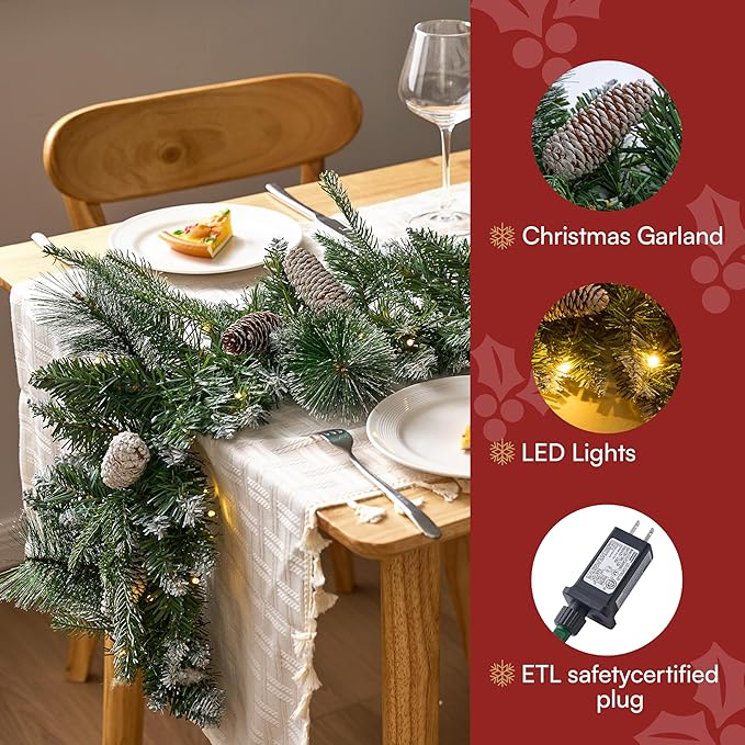 Joiedomi 9FT Christmas Flocked Garland (Cone) Pre Lit with 50 Count Warm White String Lights for Winter Christmas and Holidays, Decorated with Pine Cones, Plug in Lighted Pine Garland, Xmas Collection