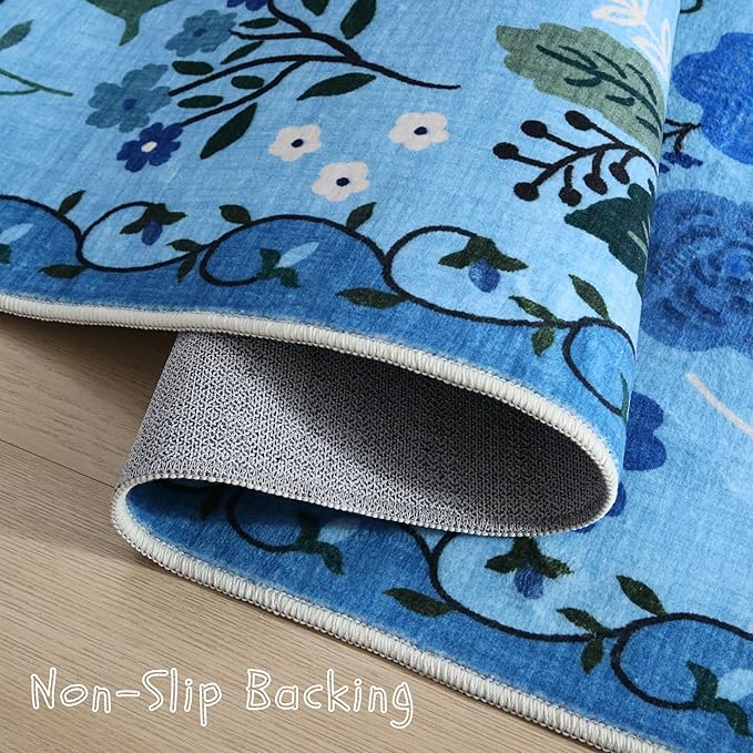 Rugcomf Door Mat Indoor Entrance 2x3 Rug Machine Washable Boho Floral Small Area Rug Non-Slip Low Pile Throw Rugs for Entryway, Kitchen, Front Door Indoor Entrance, Entry, Kids Room (Blue)