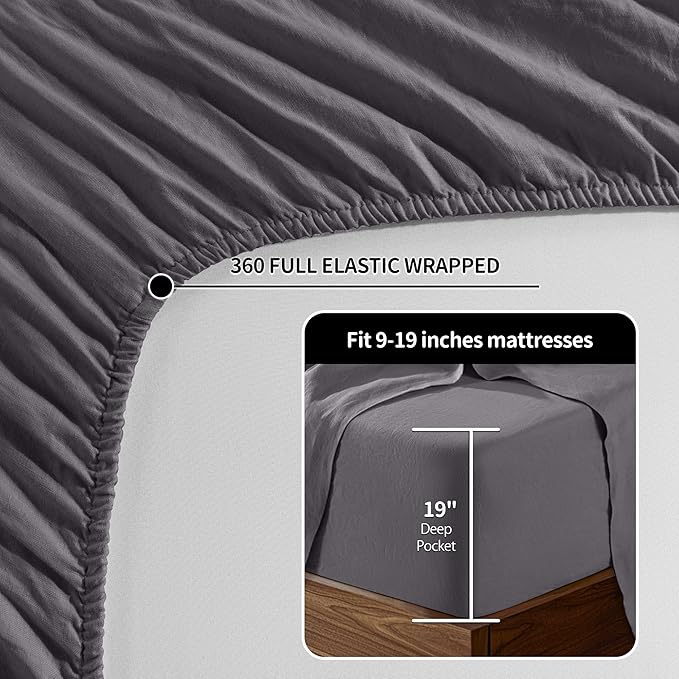 LBRO2M 100% Linen Sheet Set 19" Deep Pocket Full Size,Bed Sheets 4 Piece Sets,Solid Color Natural Flax Bed Sheets Soft Breathable Bedding, All Season (Full, Dark Grey)