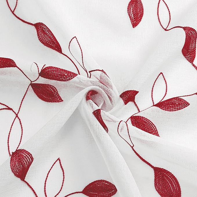 Tollpiz Burgundy Red Leaf Sheer Tier Curtains Leaves Embroidered Kitchen Short Curtain Rod Pocket Voile Bathroom Curtains for Cafe, 30 x 24 inches Long, Set of 2 Panels