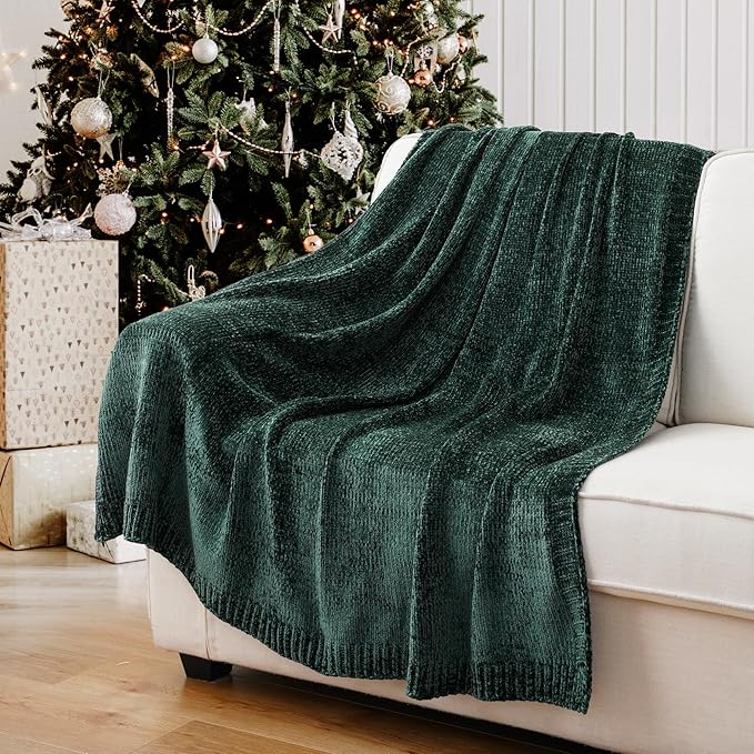 BATTILO HOME Christmas Green Throw Blanket for Couch, Chenille Knitted Blanket for Home Decor, Super Soft Warm Blanket for Bed Sofa Living Room, 51"x67"
