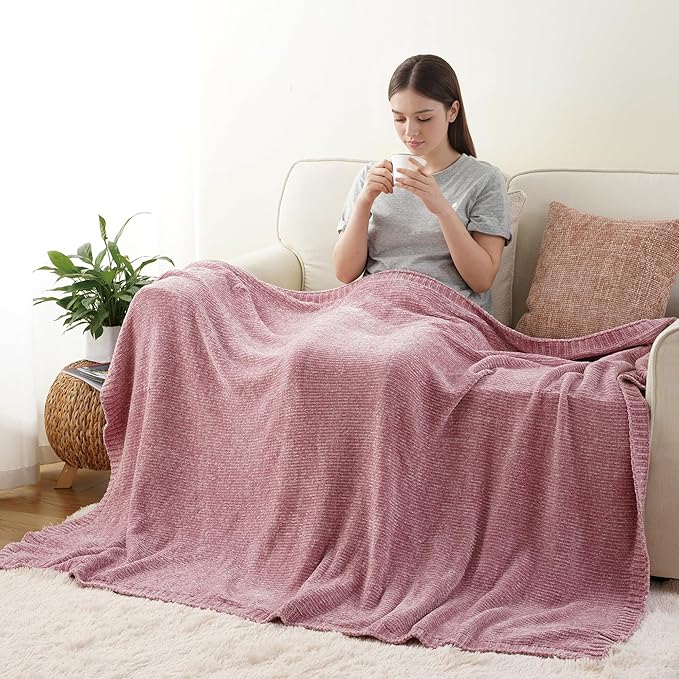 BATTILO HOME Chenille Throw Blanket for Couch, Pink Blanket Throw Chenille Knitted Blankets for Home Decor, Super Soft Blush Pink Throws for Bed Sofa Living Room, 51"x67"